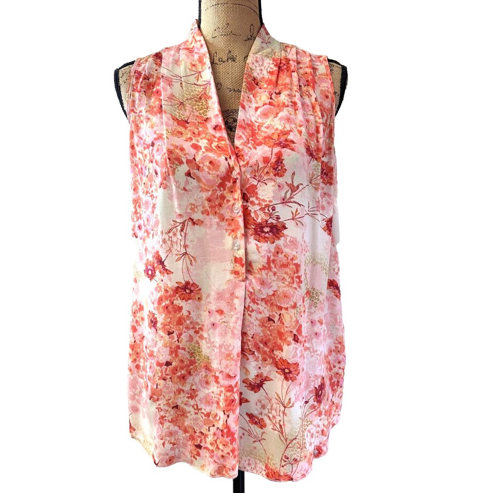 Etcetera Women's Coral White Floral V-Neck Sleeveless Silk Flowy Blouse Top Sz M